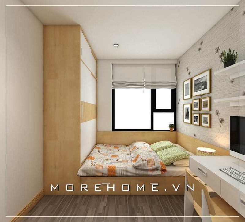 Giường ngủ gỗ công nghiệp đa năng, tích hợp với ngăn tủ kệ tạo cảm giác cho căn phòng thêm phần hiện đại và gọn gàng hơn